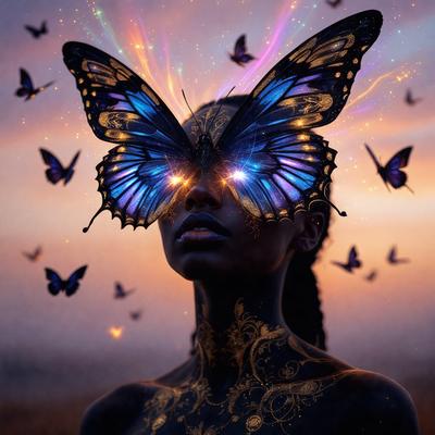 The primary subject of the image is a woman with a unique and artistic appearance. She is wearing a pair of butterfly-shaped glasses, which are illuminated by a purple glow. The glasses are adorned with a pattern of butterflies, adding to the overall visual style of the image. The setting is a sunset, creating a warm and serene atmosphere. The colors in the image are predominantly purple and gold, which contribute to the overall mood of the scene